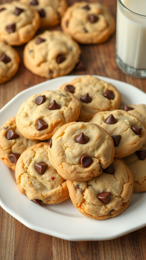 A plate of warm chocolate chip cookies with a glass of milk on a rustic table.